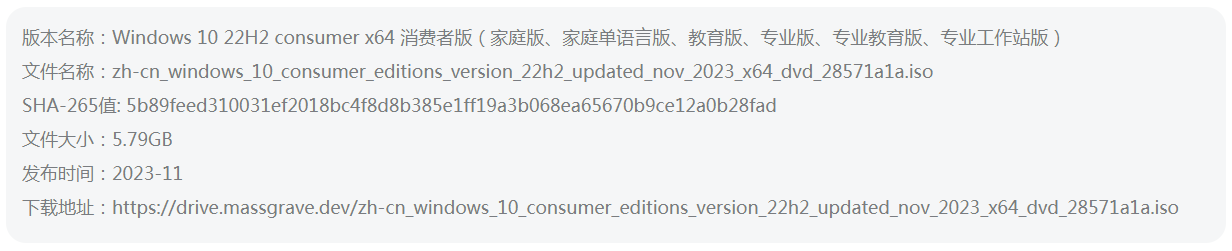 Windows 10 22H2 2023.11月更新，官方MSDN正版ISO镜像系统。